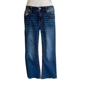 Miss Me Heaven Dark Wash Faded Mid Rise Boot Cut Raw Hem Ankle Jeans Size 30P